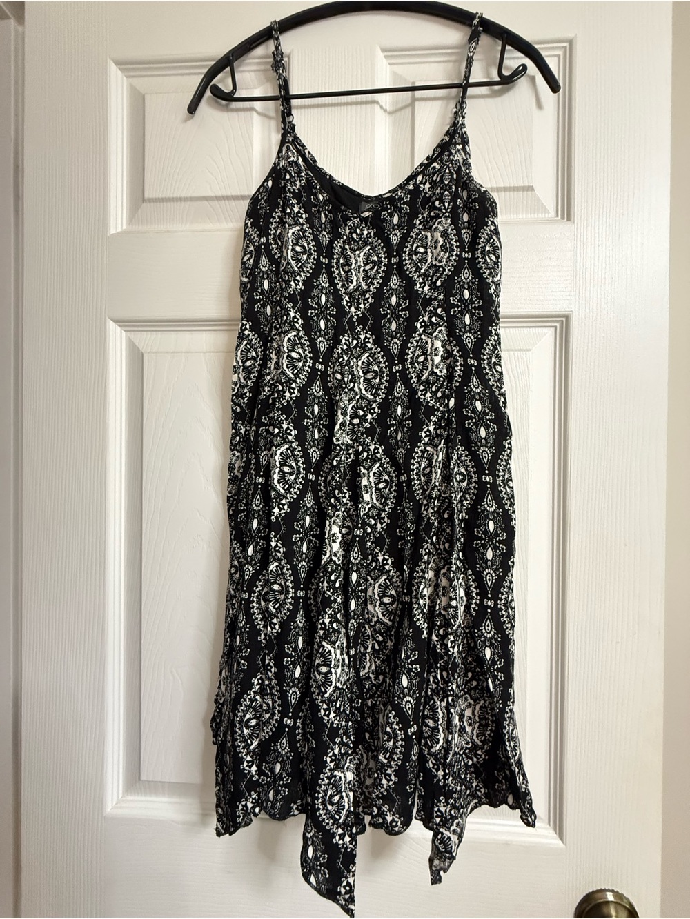 Black & White Printed Spaghetti Strap Handkerchief Hem summer Dress